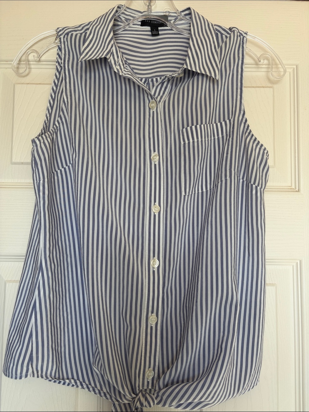 The Limited Blue and White Striped Sleeveless Button-Down Tie-Hem Top